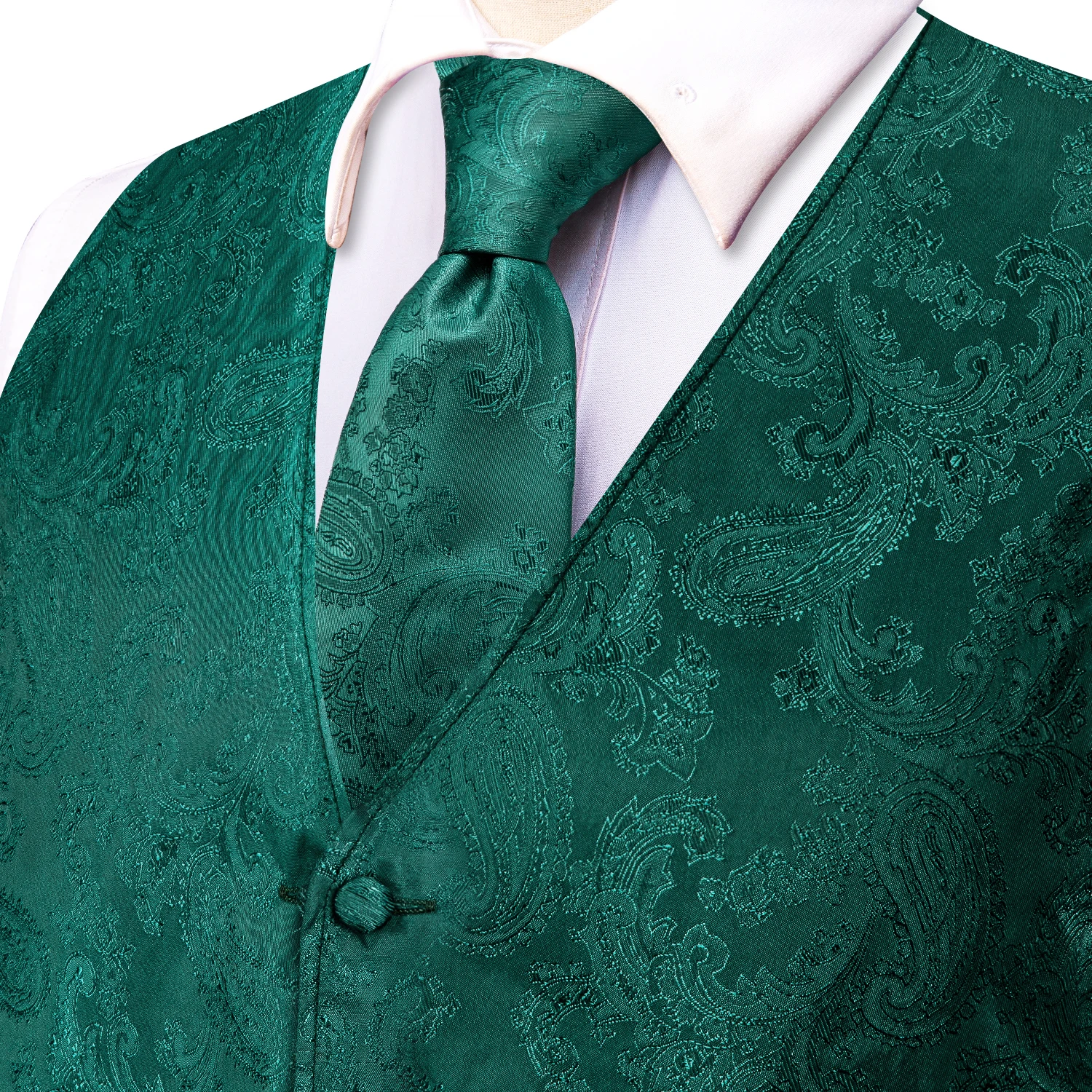 Hi-Tie Silk Mens Suit Vests 4PC Woven Paisley Green Waistcoat Tie Pocket Square Cufflink Business Wedding Dress Waist Jacket