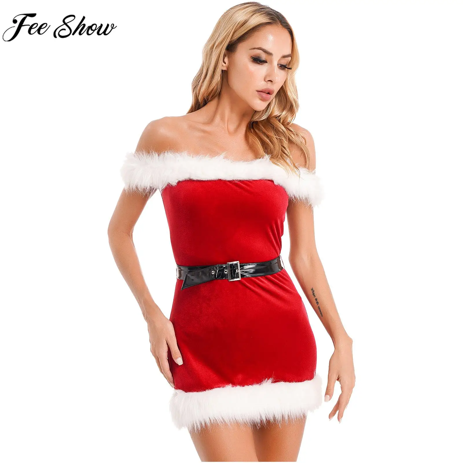 Womens Christmas Santa Claus Cosplay Costume Off Shoulder Faux Fur Trim Velvet Dresses with Belt Xmas New Year Party Clothes