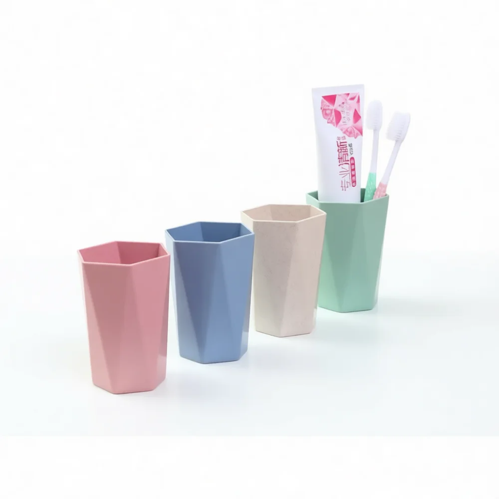 Eco Friendly Wheat Straw Gargle Cup Rhombus Design Bathroom Toothbrush Holder Simple Modern Mouthwash Mug For Family