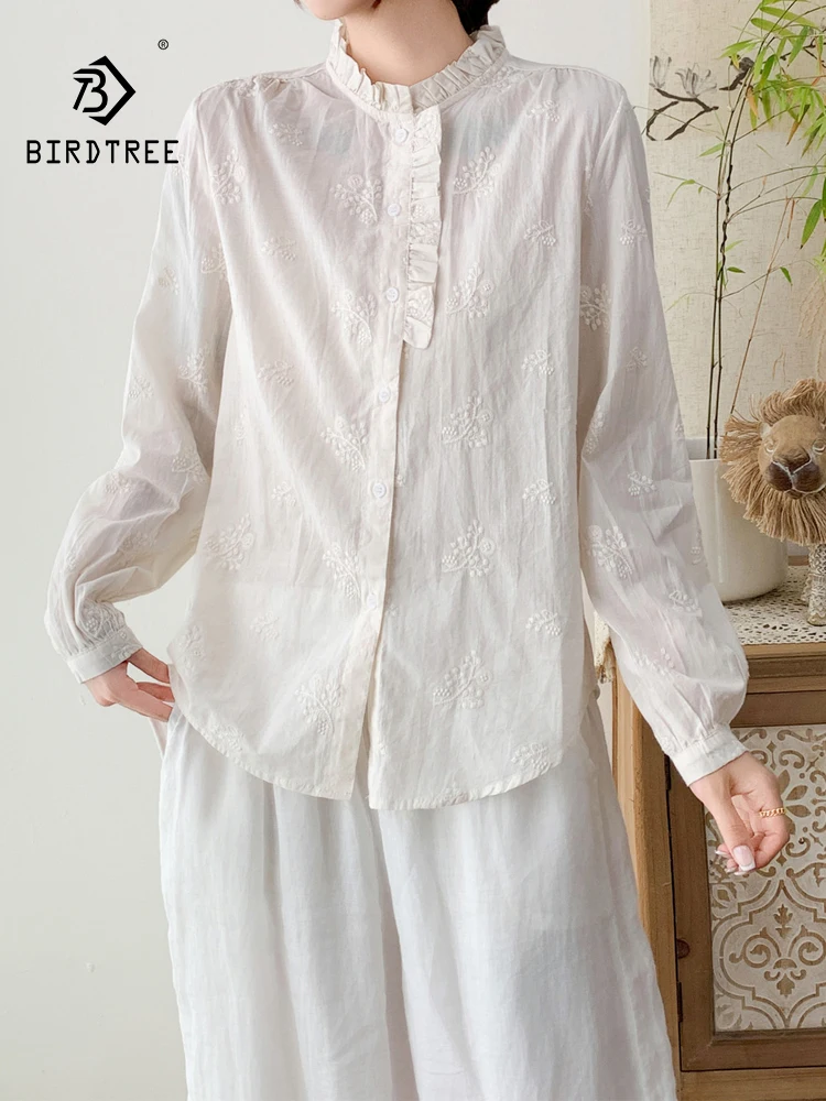 جديد 2025 الخريف قميص قطني بكم طويل ، المرأة الوقوف التطريز ، موري فتاة الفرنسية الكشكشة Fairycore INS بلوزة فضفاضة T58983CC #1