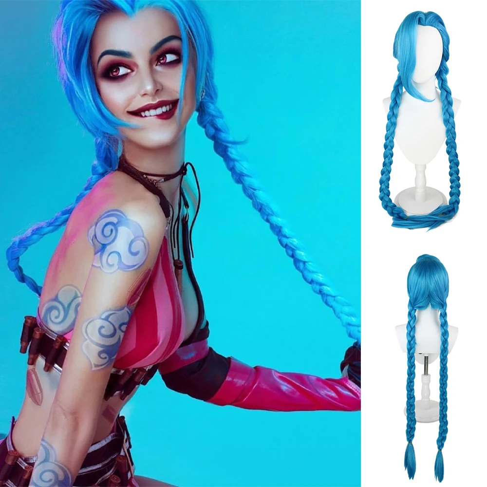 عالية الجودة غامض معركة Jinx تأثيري الشعر الاصطناعية الأزرق الضفائر المزدوجة 46 بوصة هالوين كرنفال حفلة Lol هارب فتاة شعر مستعار