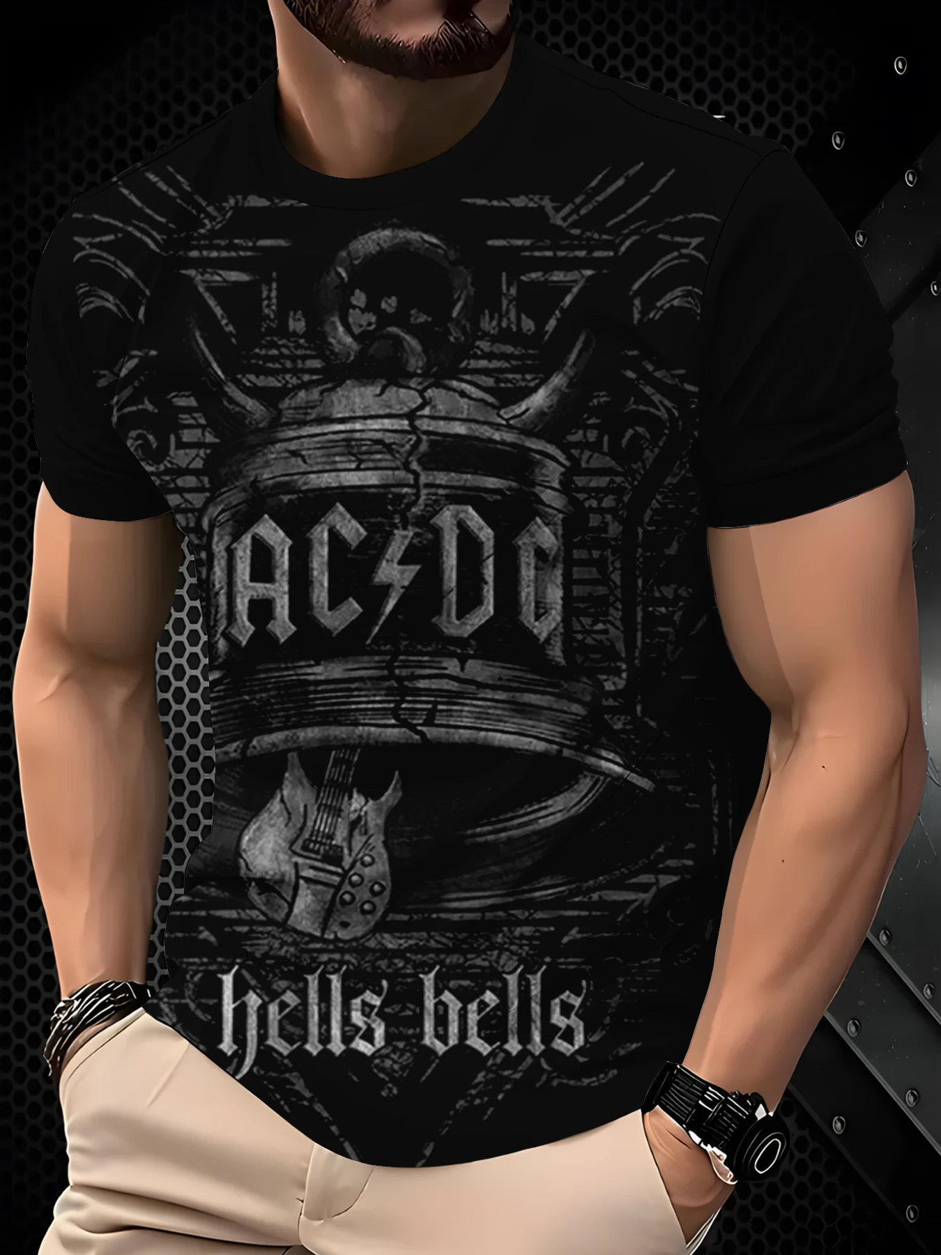 Herren-T-Shirt mit Rundhalsausschnitt und kurzen Ärmeln, Vintage-Grafikdruck mit Glocke und E-Gitarre