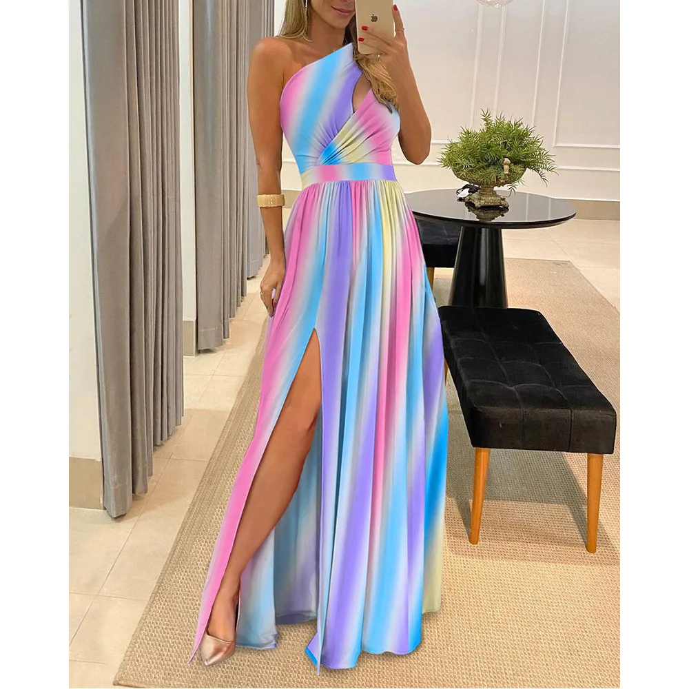 Sexy One Shoulder Evening Dress Sleeveless High Waist Split Party Dresses Spring Summer Women Fashion Elegant Clubwear