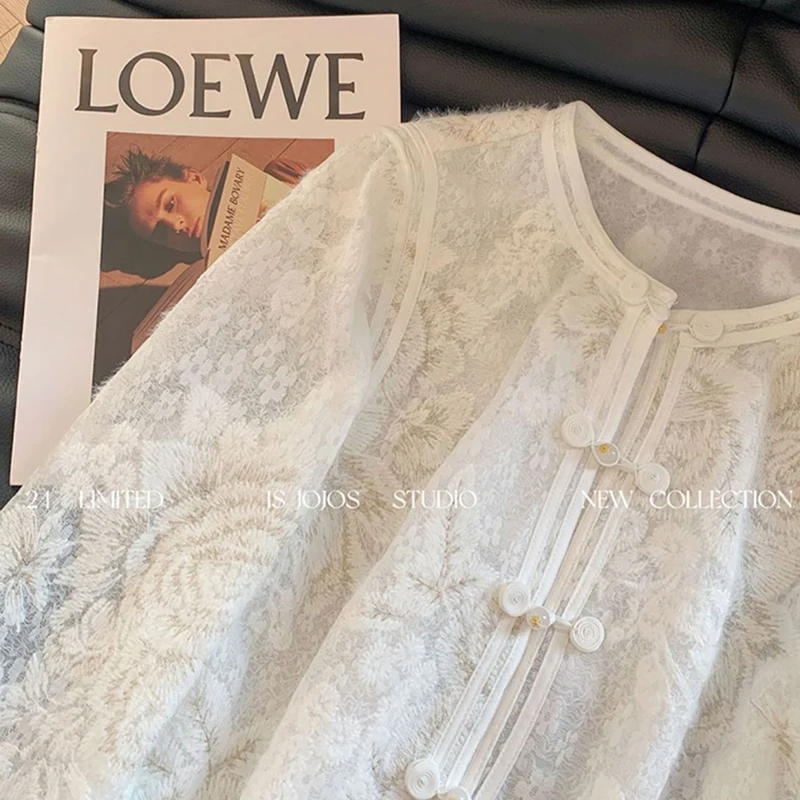 Spitze Ausschnitt Bluse Frauen Weiß O Hals Langarm Jacquard Hemd Harajuku Y2K Lose Leichte Sheer Pendler Top