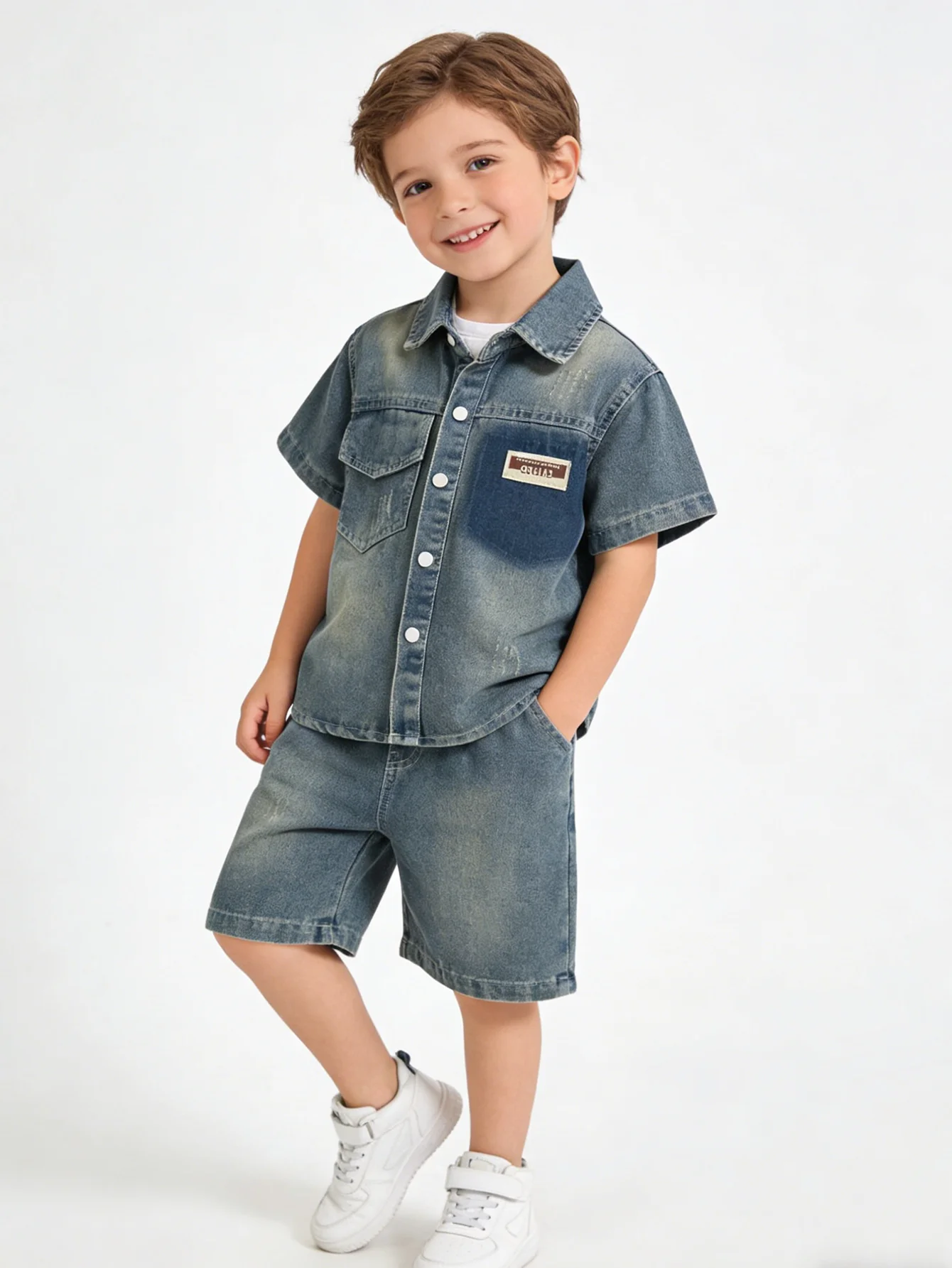 

Breathable Kids Denim Two Piece Set, Soft Cotton Blend Toddler Boy Casual Outfit, Lightweight Vintage Washed Shirt + Shorts For