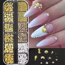 12Grids Ocean Gold Nail Art Charms Shell/Seahorse/Starfish White Half Round Pearl Gems 3D Mixed Punk Manicure Metal Rivets Studs - Image 1