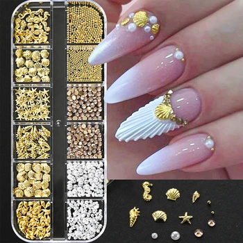 12Grids Ocean Gold Nail Art Charms Shell/Seahorse/Starfish White Half Round Pearl Gems 3D…