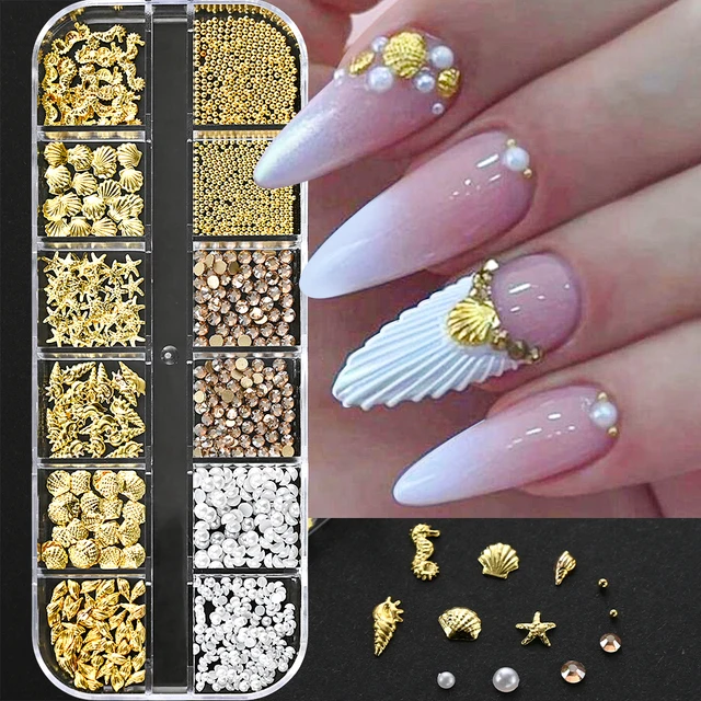 12 siatek Ocean Gold Nail Art Charms muszla/konik morski/rzepka białe półokrągłe perły klejnoty 3D mieszane Punk Manicure metalowe nity szpilki