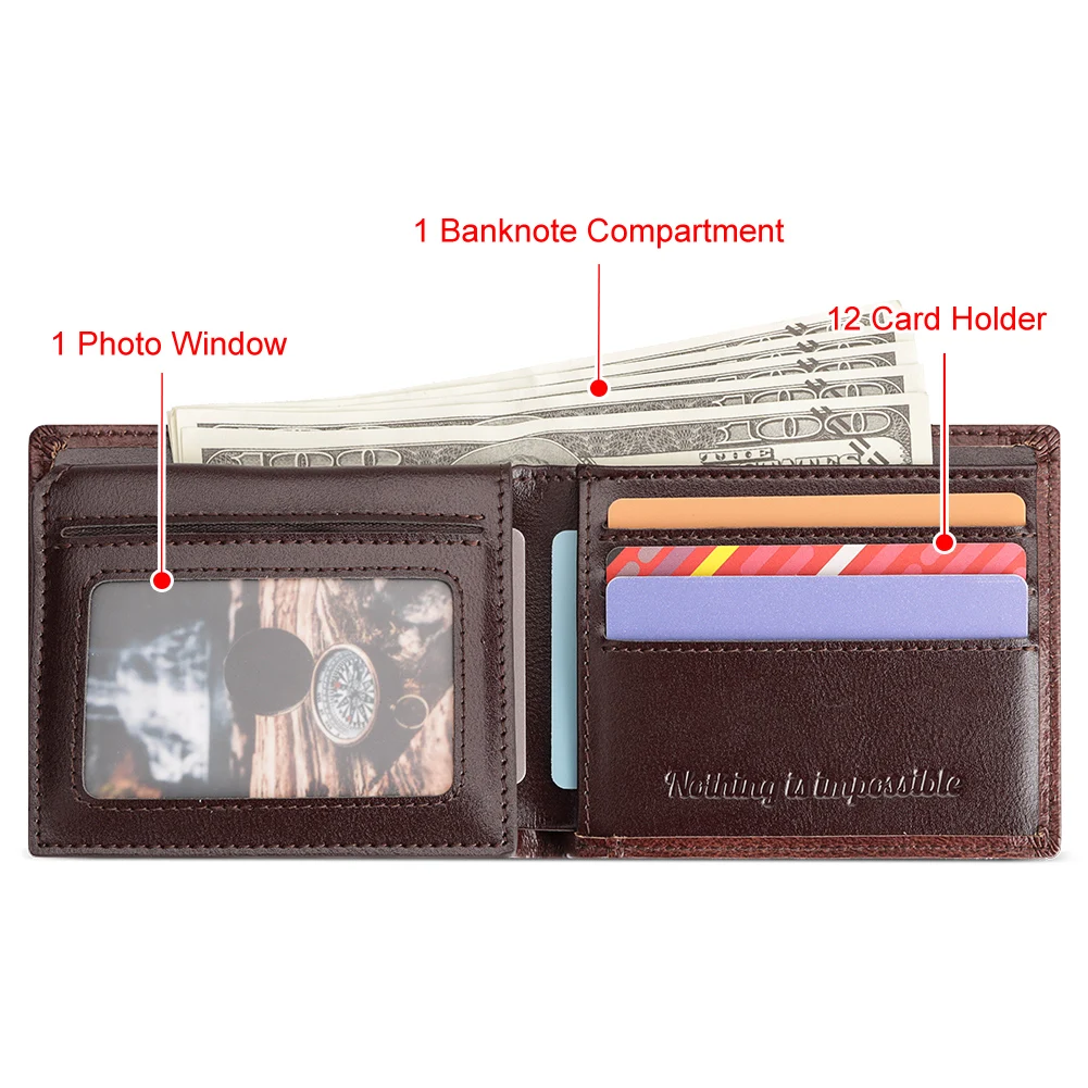 RFID Wallet for Men Genuine Leather Credit Card Holder with ID Window Bifold Top Flip / Extra Capacity Male Money Bag