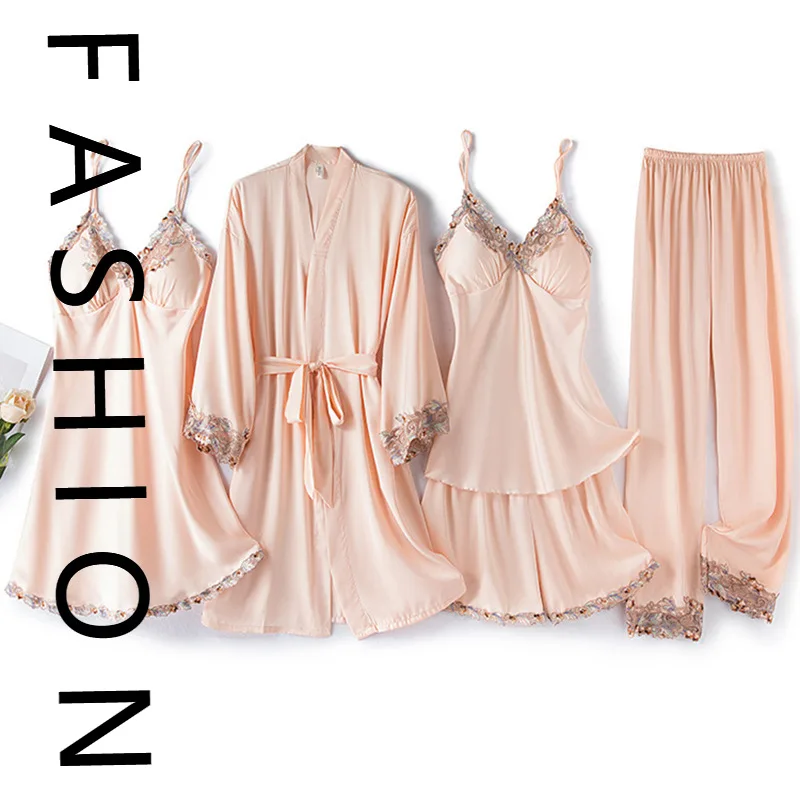 

Атласные пижамы, женские весенне-осенние ночные рубашки с длинными рукавами, стильная сексуальная ночная рубашка на подтяжках, шорты, комплект из пяти предметов