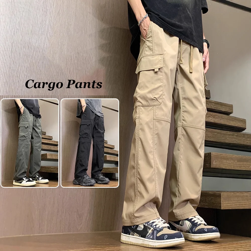 

Summer Straight Cargo Pants Mens Multi-Pocket Work Casual Sweatpant Fashiom High Street Outdoor Casual Breathable Loose Trousers