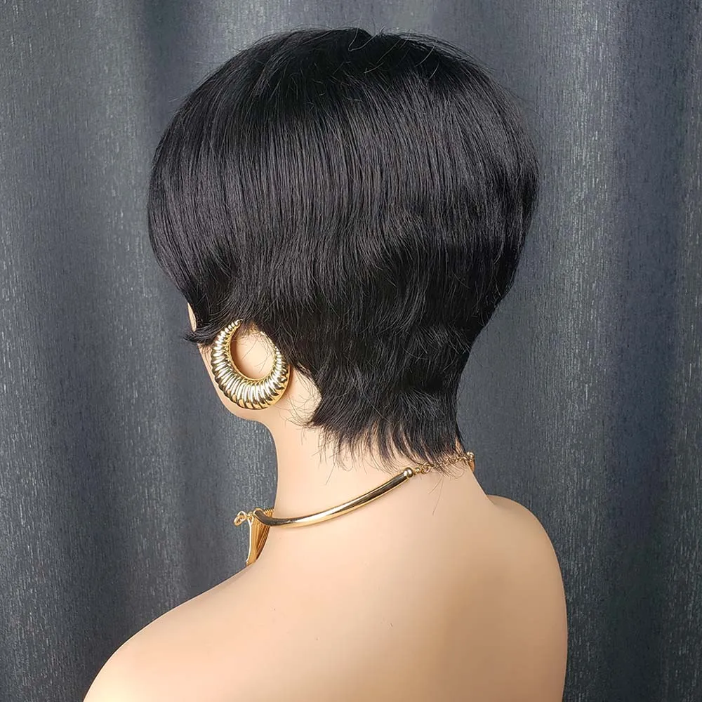 픽시 컷 인모 짧은 레이어드 기계 제작 가발 여성용 브라질 레미 스트레이트 인모 가발 내추럴 블랙 컬러