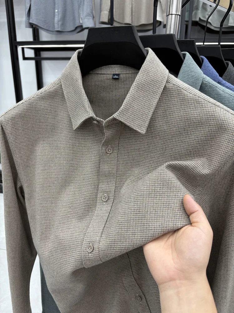 

Autumn New High-End Thiened Brued Long Sve irt Busin Casual Wool Modal Middle-aged Men's irt Breathable Comfort...