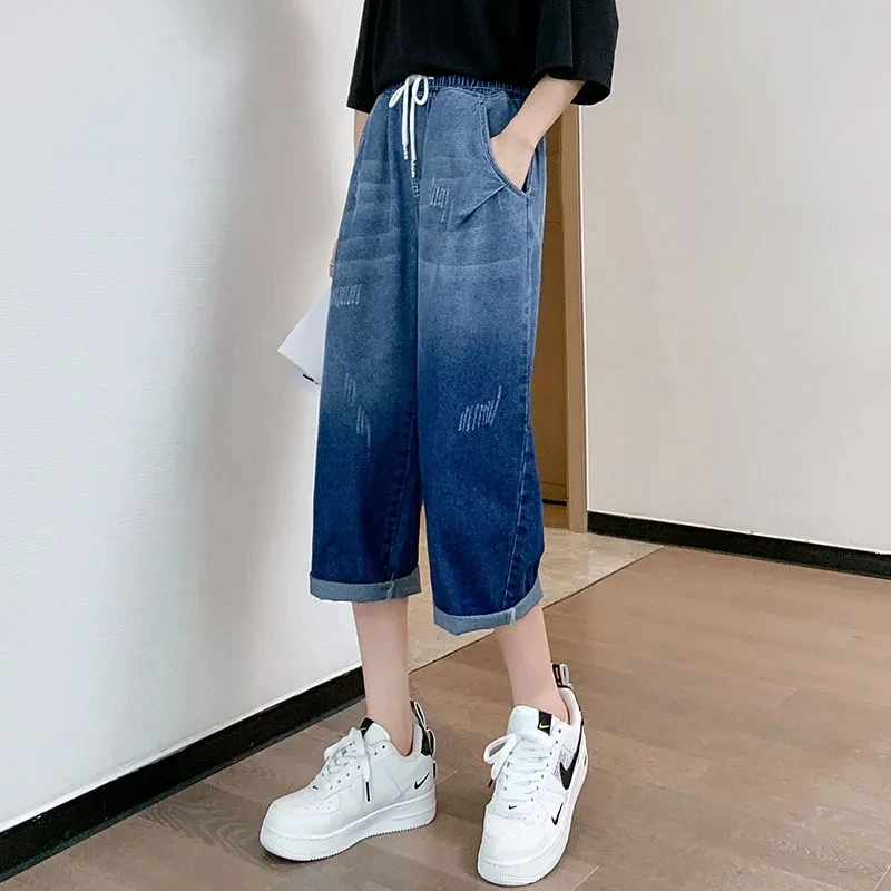 

Womens Street Drawstring Waist Loose Wide Leg Ankle Length Jeans 6XL Summer Baggy Boyfriend Capri Elastic Waist Denim Breeches