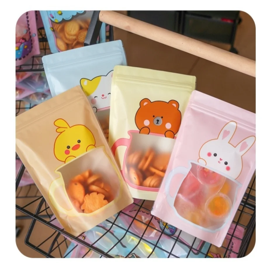 10pcs Cute Animal Print Stand up Gift Bags With Zipper for Small Business Packaging of Candy, Cookies, Snacks, Nuts, Biscuits