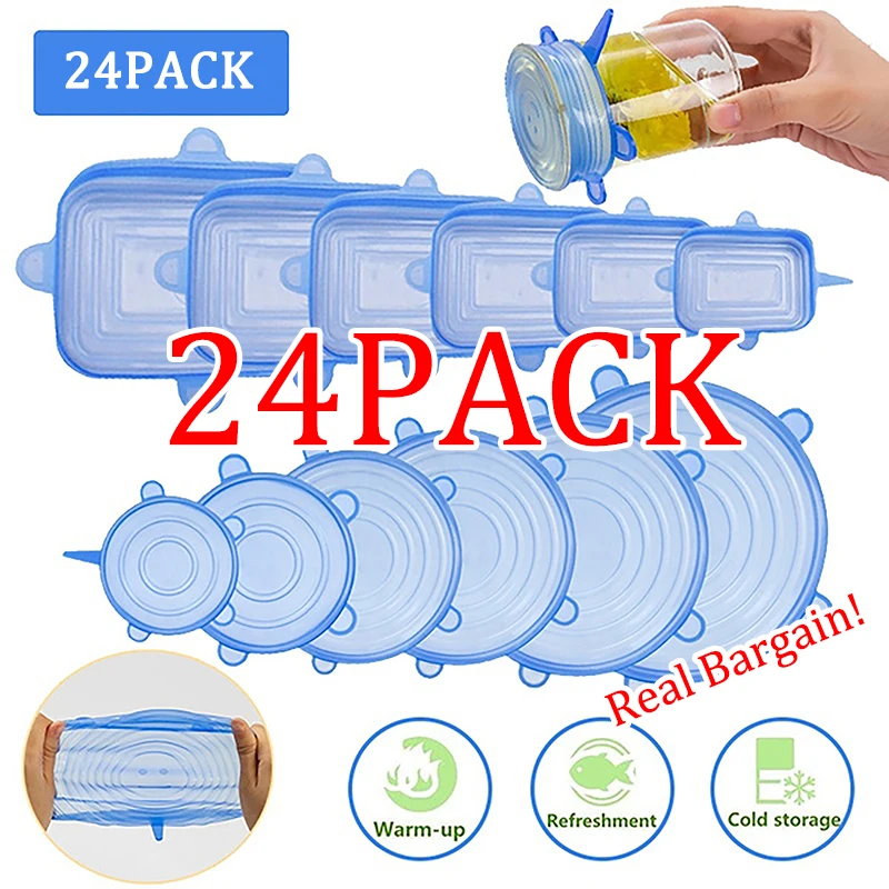 Silicone Fresh-Keeping Stretch Cover, reutilizável hermético Cap Wrap, Acessórios de cozinha, Armazenamento Frigorífico, 6 Pcs, 12 Pcs, 24Pcs