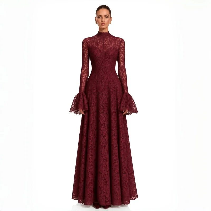 Elegant Black French Lace Maxi Dress Modest Vintage Trendy Women's Dresses Evening Party Wedding Guest Formal Street Soft Wear