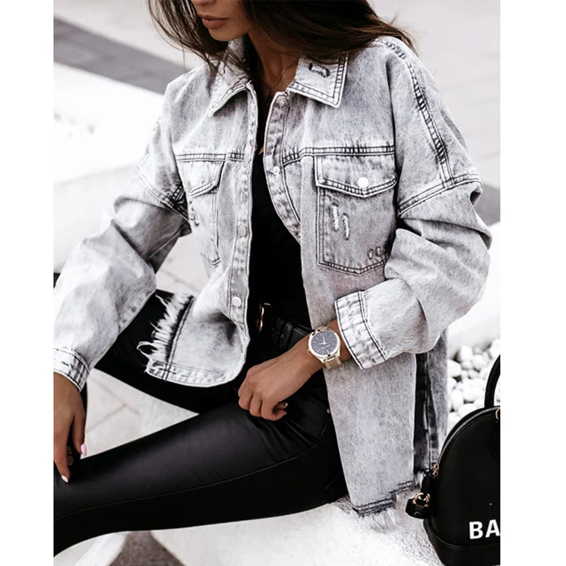 

2023 New Tassel Gray Denim Jacket Women Boyfriend Coat Long Sleeve Spring Loose Jackets Europe America Street Style Casual Coats