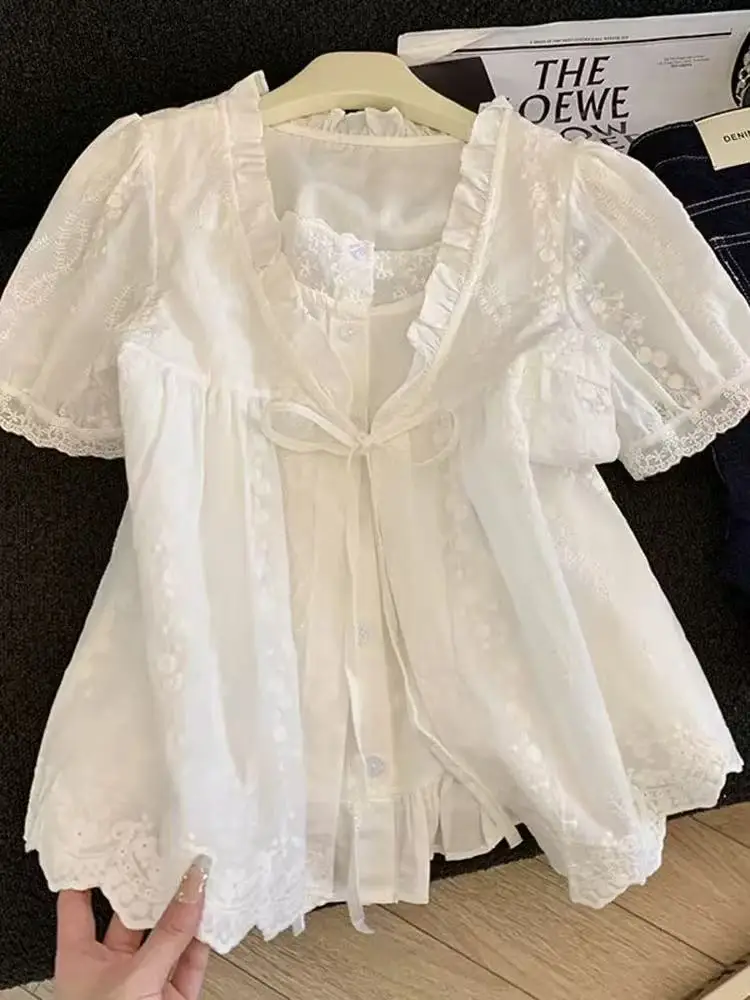 

Exquisite Embroidery Breathable Cotton Linen Fake Two Shirts Women's Summer 2025 Sweet Chic Blouses Korean Popular Clothes