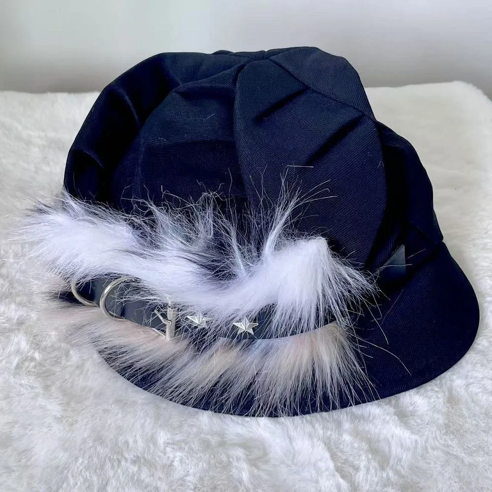 หมวกเบเร่ต์สไตล์ฮาราจูกุ กอธิค โลลิต้า สำหรับผู้หญิง หมวกทรงแปดเหลี่ยม แต่งขนเทียม หนัง PU พร้อมหัวเข็มขัด สไตล์พังก์ Y2K