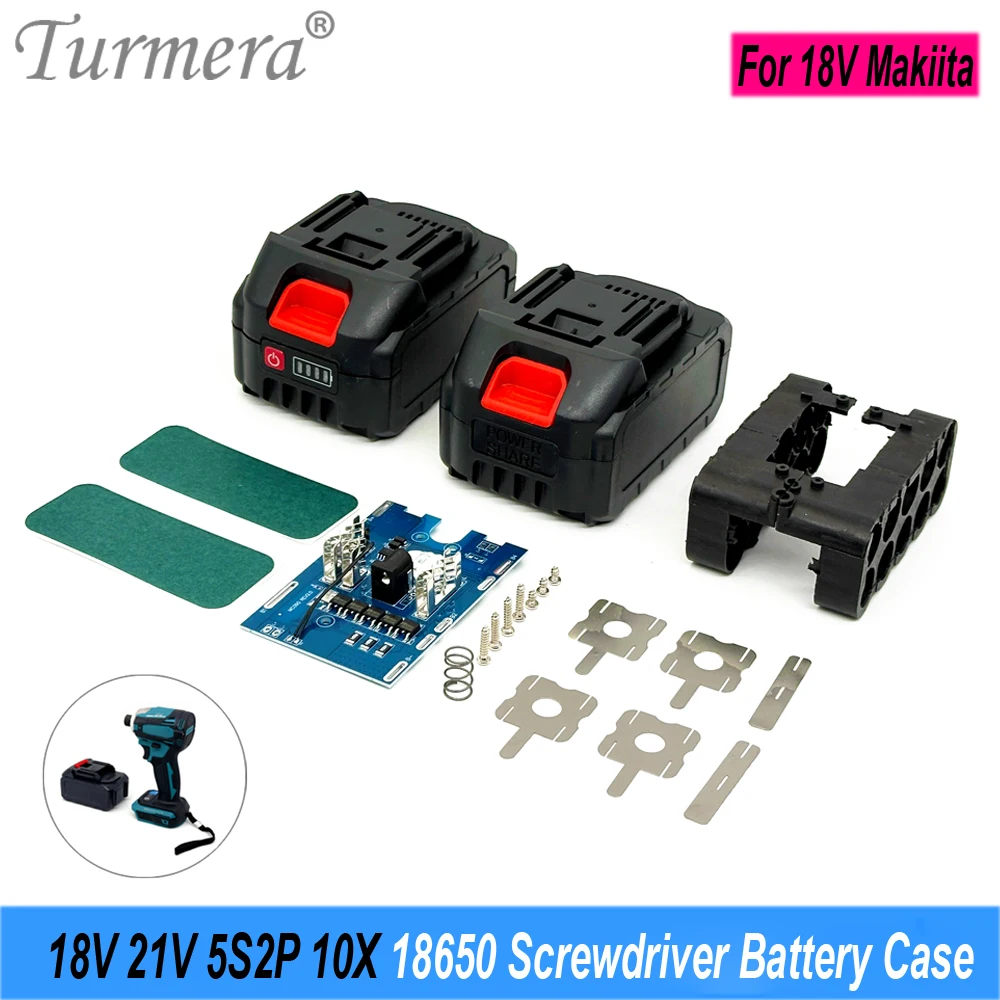 Turmera 18V 21V Screwdriver Battery Case 5S2P 10X 18650 Holder 5S 50A Max.100ABMS Weld Nickel for Replace 20V Electric Drill Use