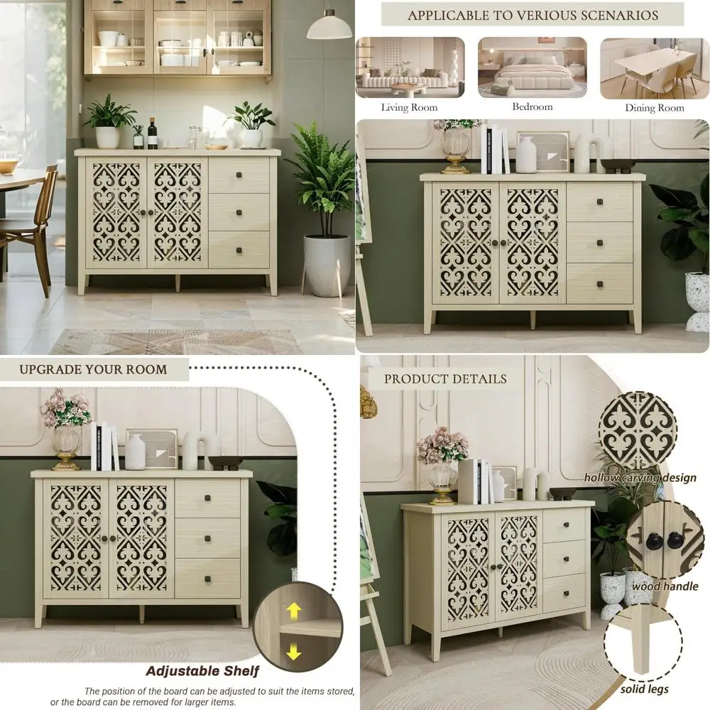 two-door, three-drawer accent cabinet with adjustable shelves, farmhouse style sideboard buffet with carved doors and drawers
