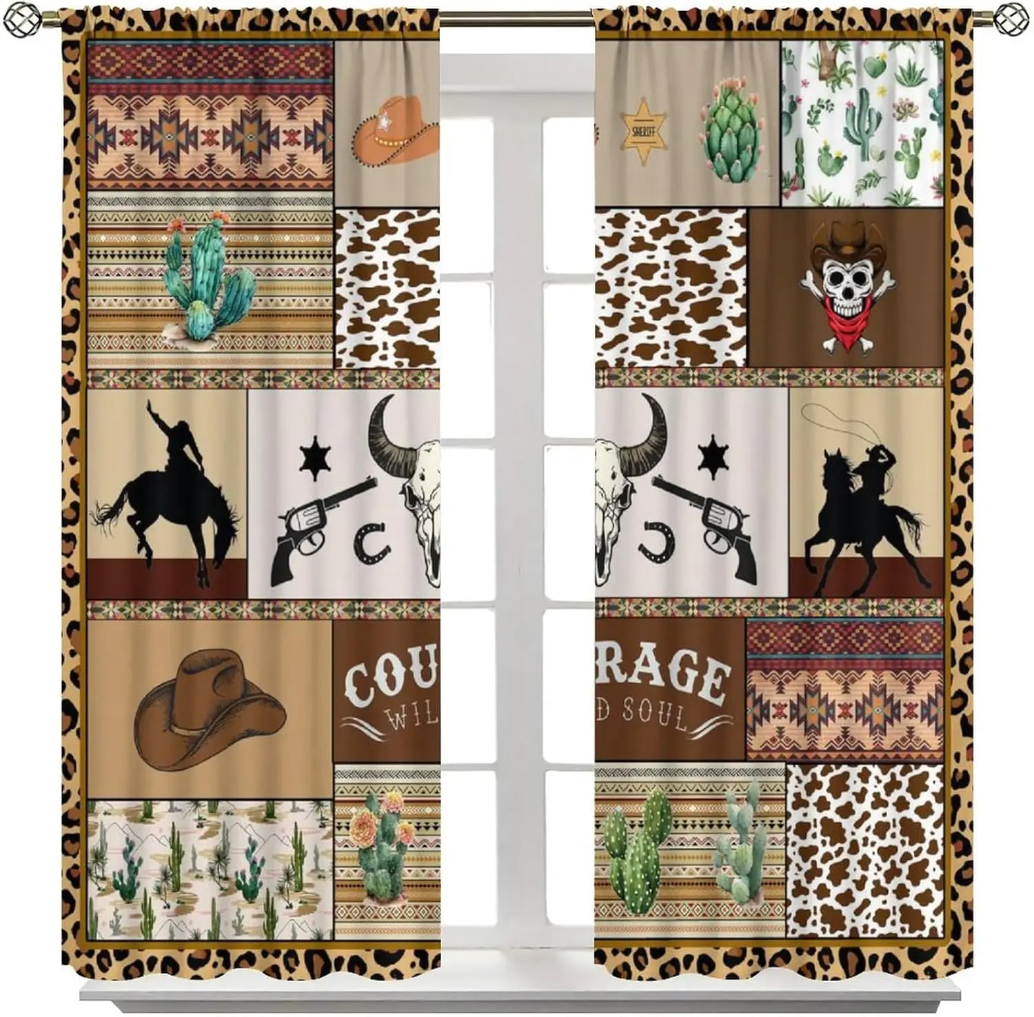 Western Cowboy Curtains, Wild Desert Cactus Horse Bullhead Aztecs Window Drapes for Kids Boys Bedroom and Living Room