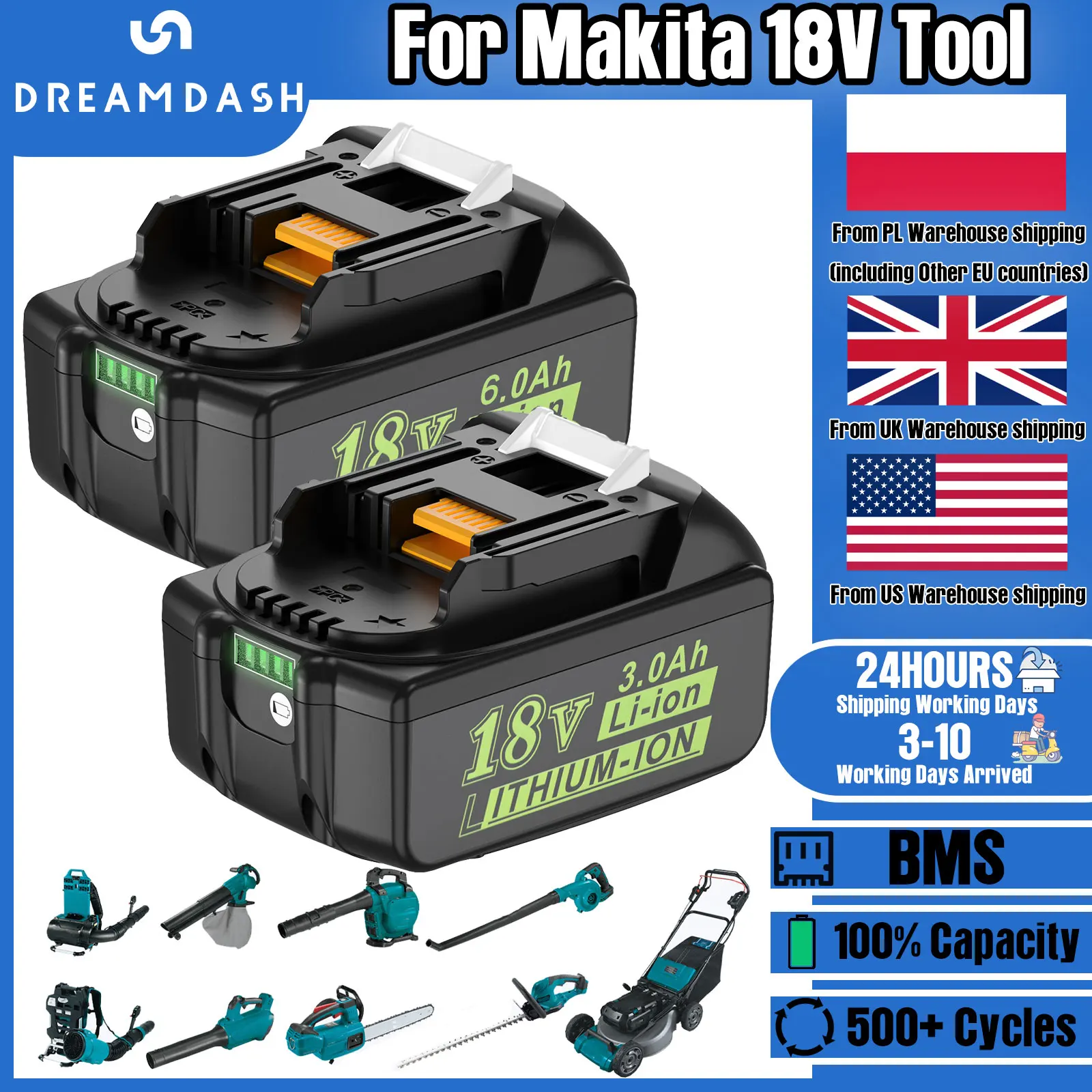 

Dreamdash For Makita 18V Battery 6Ah 18650 Lithium Ion Replacement BL1860B BL1860 BL1850 Rechargeable Power Tool Battery