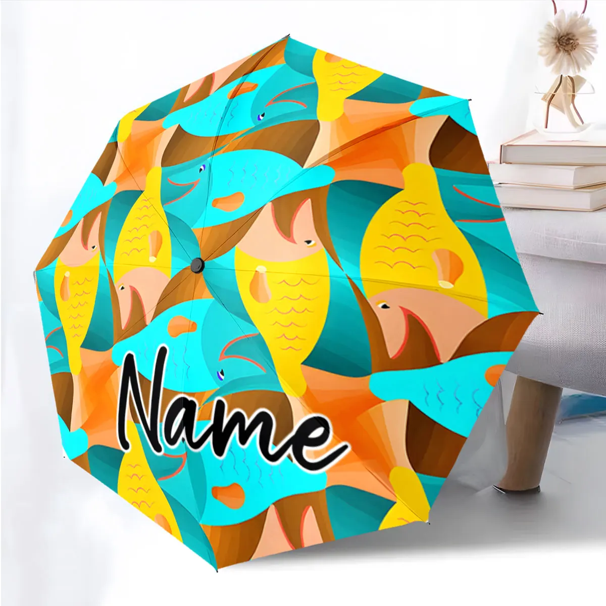 Custom Name Colorful Fish Pattern Design Umbrella Print 8 Iron Ribs Folding Umbrella Auto-Open Fashion Sunshade