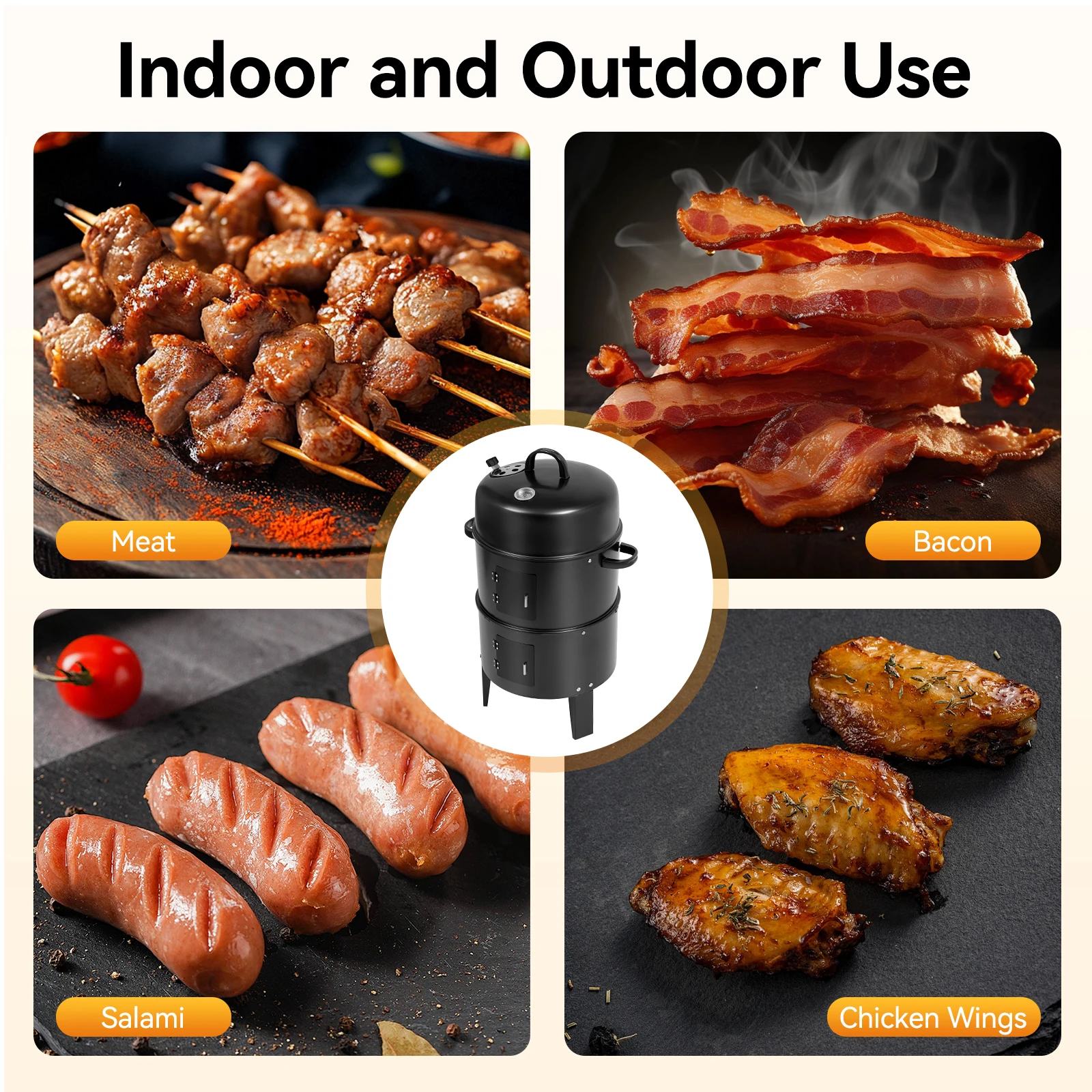 3-in-1-Räuchergrill hat Grillen, vertikal, tragbar, abnehmbar, 2 Schichten, für Camping, Outdoor, Grillen, Kochen, Schwarz – Detail 3