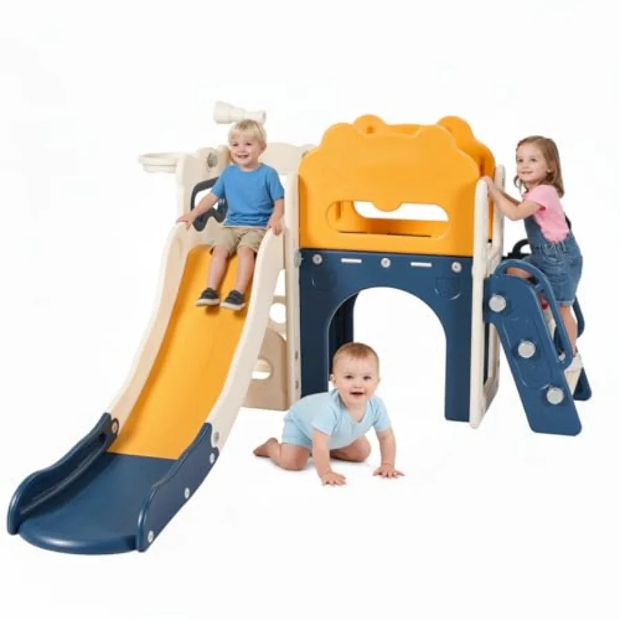 

Indoor outdoor toddler slide playset for kids, plastic and metal, yellow and blue, 8-in-1 with basketball hoop, telescope, encl