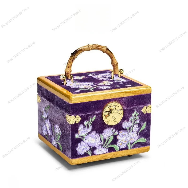 Silk solid wood embroidery violet jewelry box high-end gold necklace ring storage wedding birthday gift