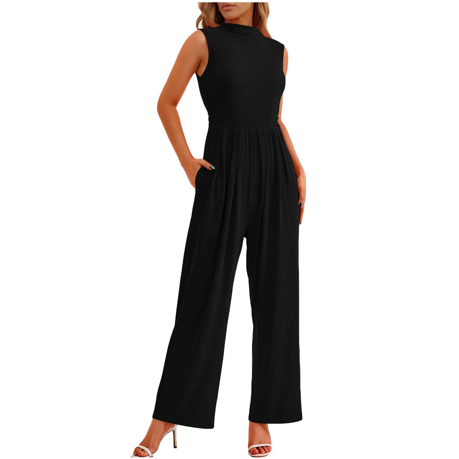 Tank Jumpsuits Casual Fashion Round Collar High Waist Loose Wide Leg Jumpsuits Solid Daily Commuting Comfy Rompers With Pockets