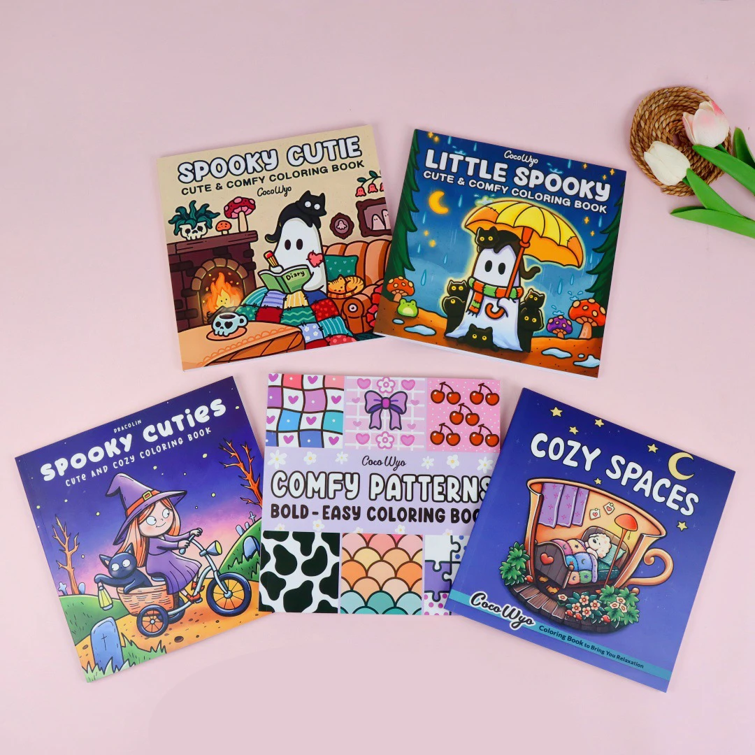 5 - Pack Adorable Themed Coloring Books: Spooky Cutie, Little Spooky, Spooky Cuties, Comfy Patterns, Cozy Spaces