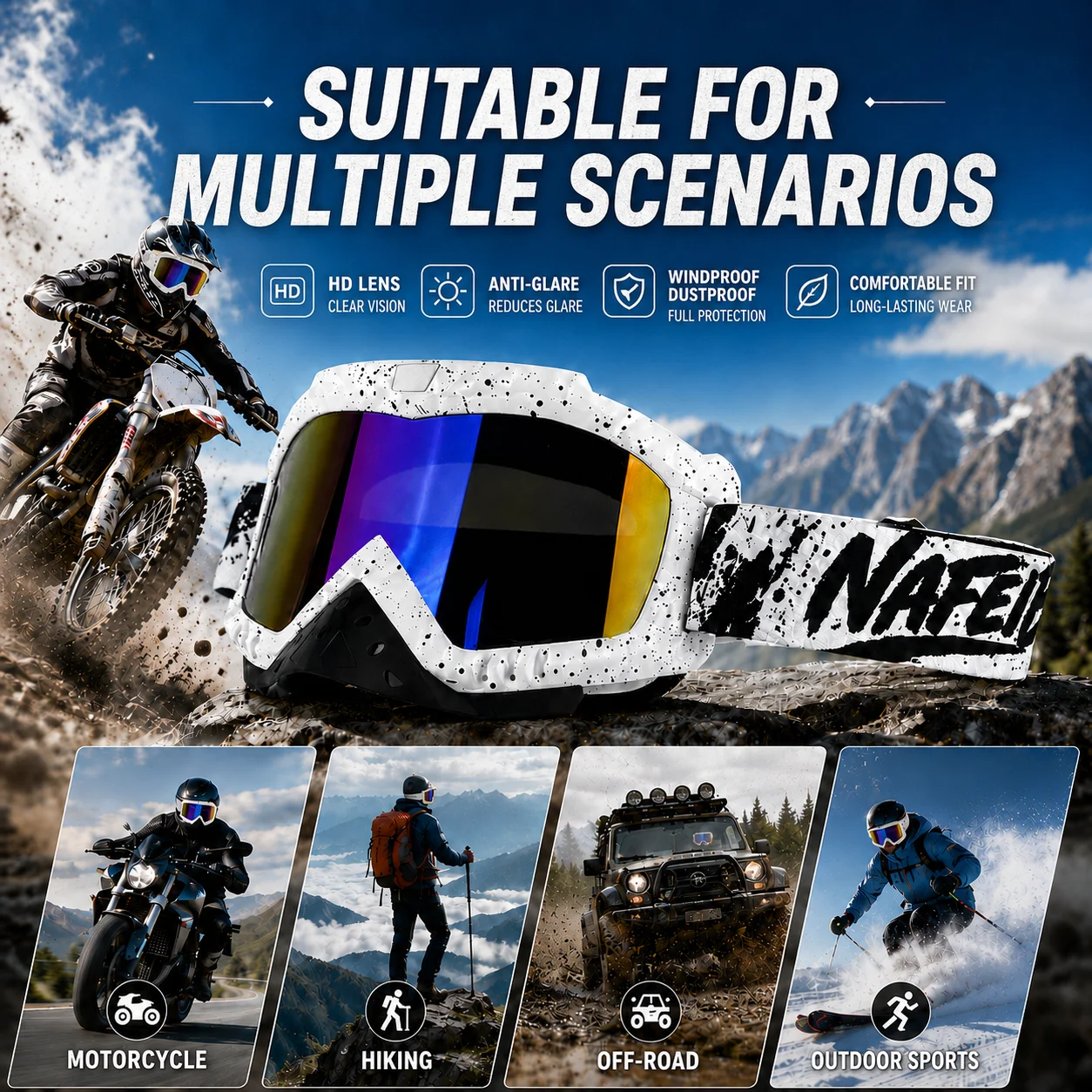 Men's Motorcycle Goggles UV400 Riding Glasses Dirt Bike Accessories for Cycling Eyewear Motocross MX ATV Mountain Bikes