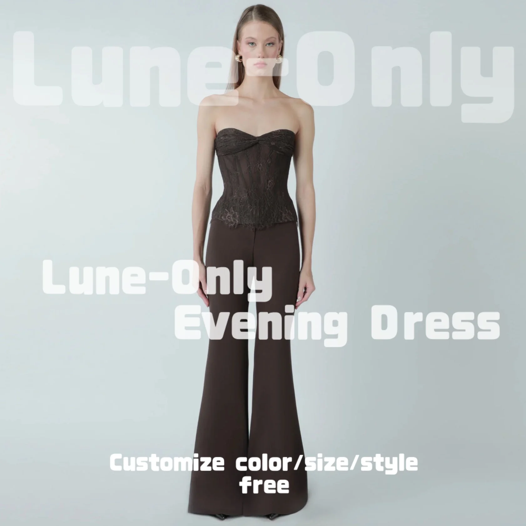 カスタマイズされたノースリーブブラウンレース2ピースセットイブニングドレスパンツスーツコルセットバックジッパーエレガントパーティードレスプロムフォーマルドレス