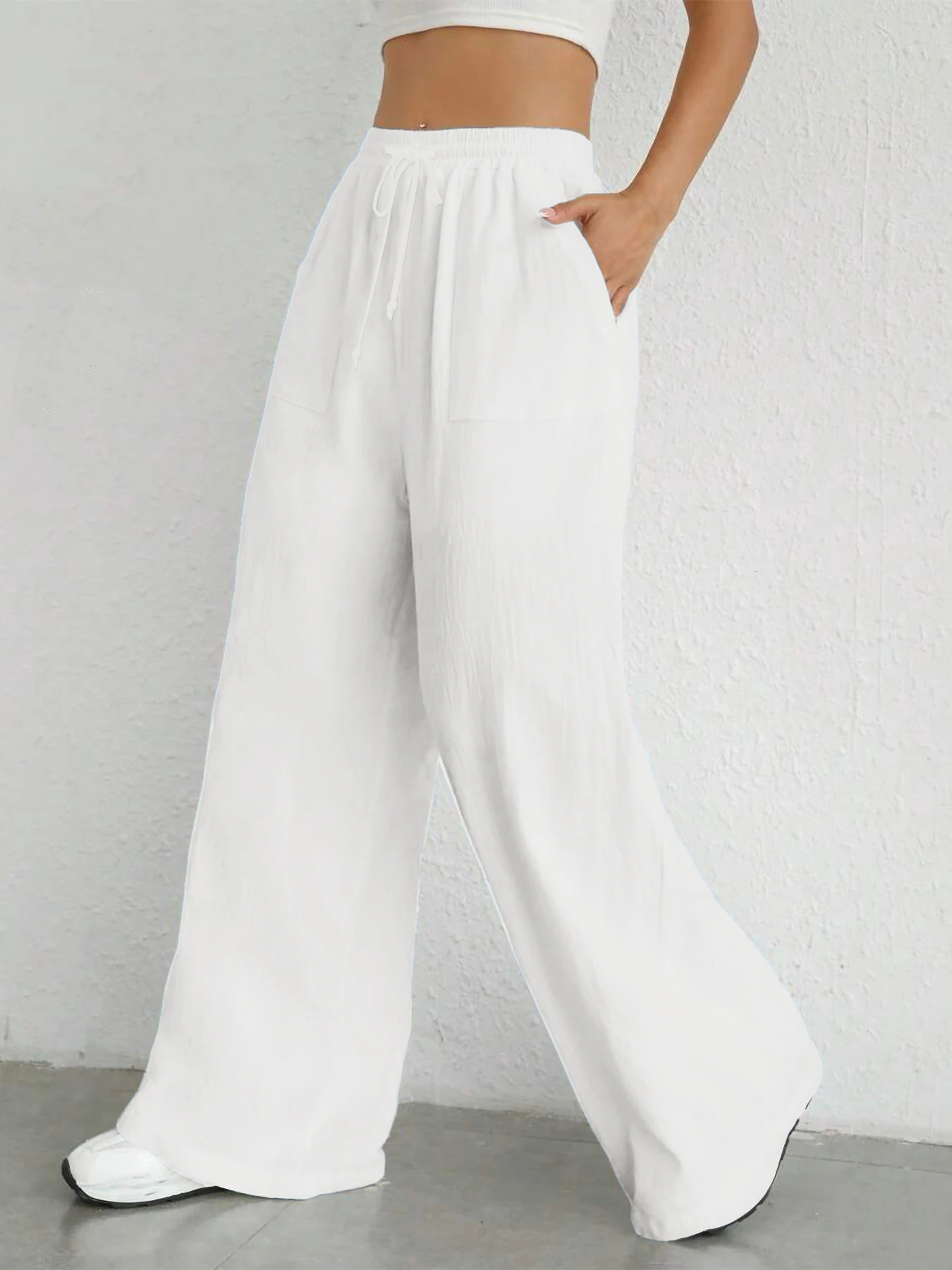 Damen-Hose in Unifarbe, lockere Hose mit weitem Bein, lässige Hose mit Kordelzug, gerade Hose mit Taschen, lässige Hose, lockere Hose mit hoher Taille – Detail 2