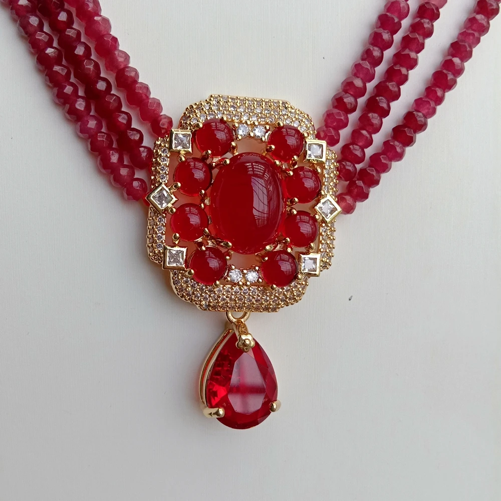 Y·YING 3 Strands Red Jade Cz Pave Red Crystal Pendant Women Strand Collar Choker Stone Necklace