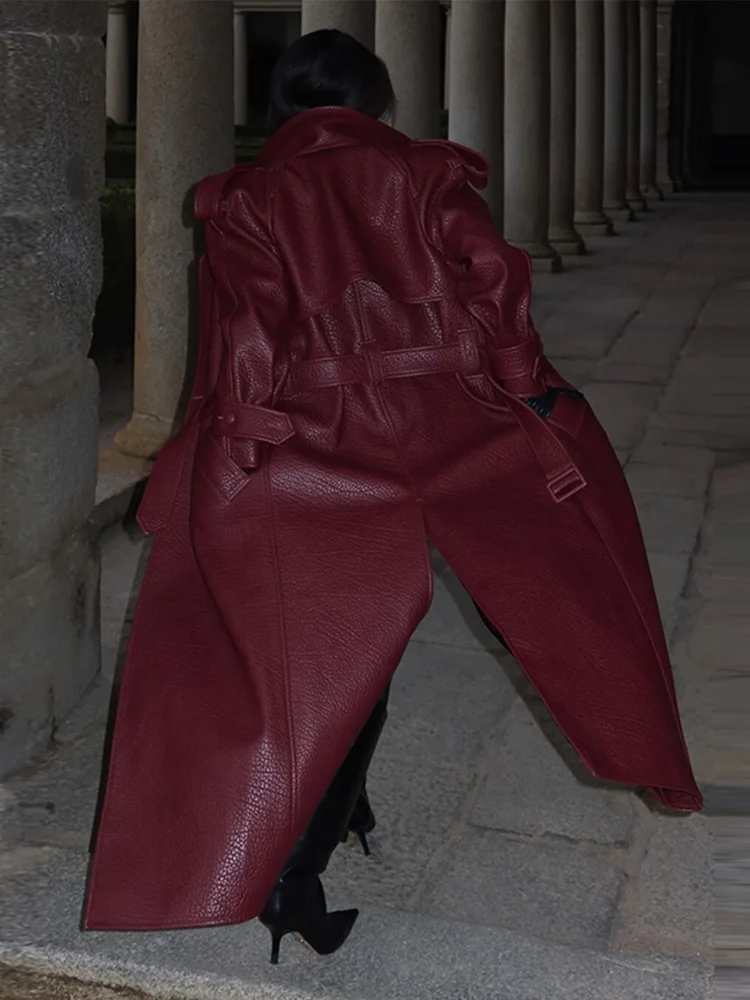 

Модные кожаные женские пальто в стиле ретро, повседневные свободные длинные пальто с отложным воротником и поясом, женское новое элегантное ветрозащитное пальто