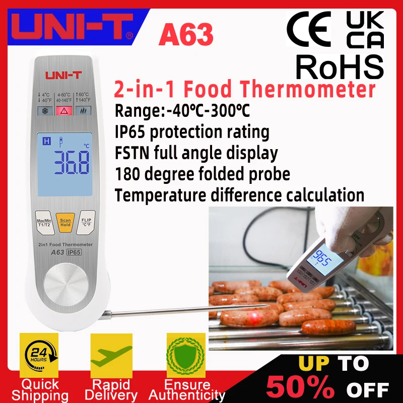 

UNI-T A63 2-in-1 Food Thermometer Contact and Non-contact Infrared Thermometer Kitchen Pastry Food Temperature Measurement