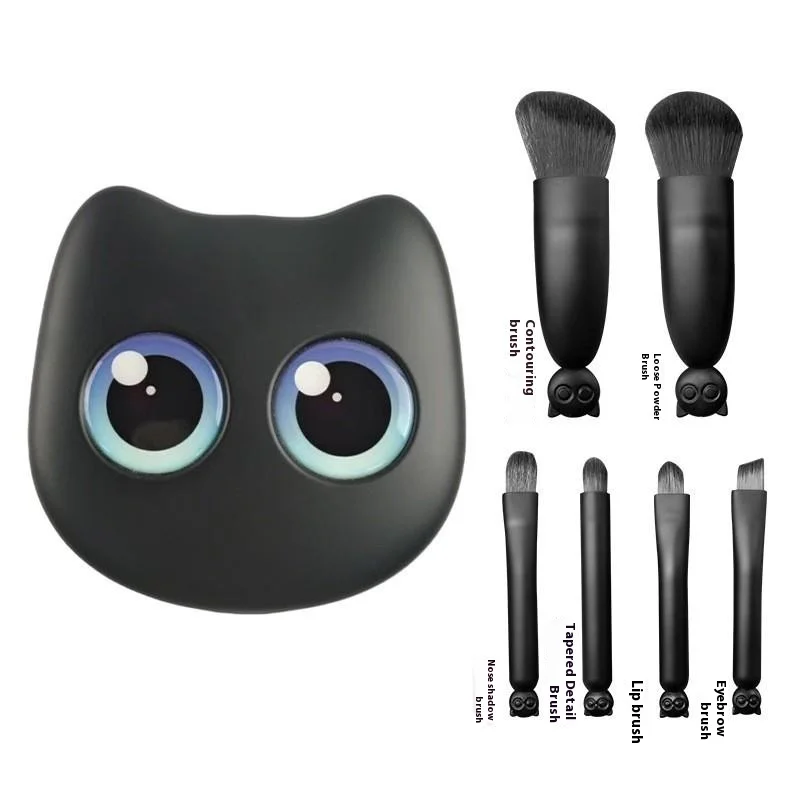 Set di mini pennelli per trucco da viaggio da 6 pezzi con scatola portaoggetti per gatti a specchio Set di pennelli per trucco da viaggio Pennelli per fard in polvere cosmetica