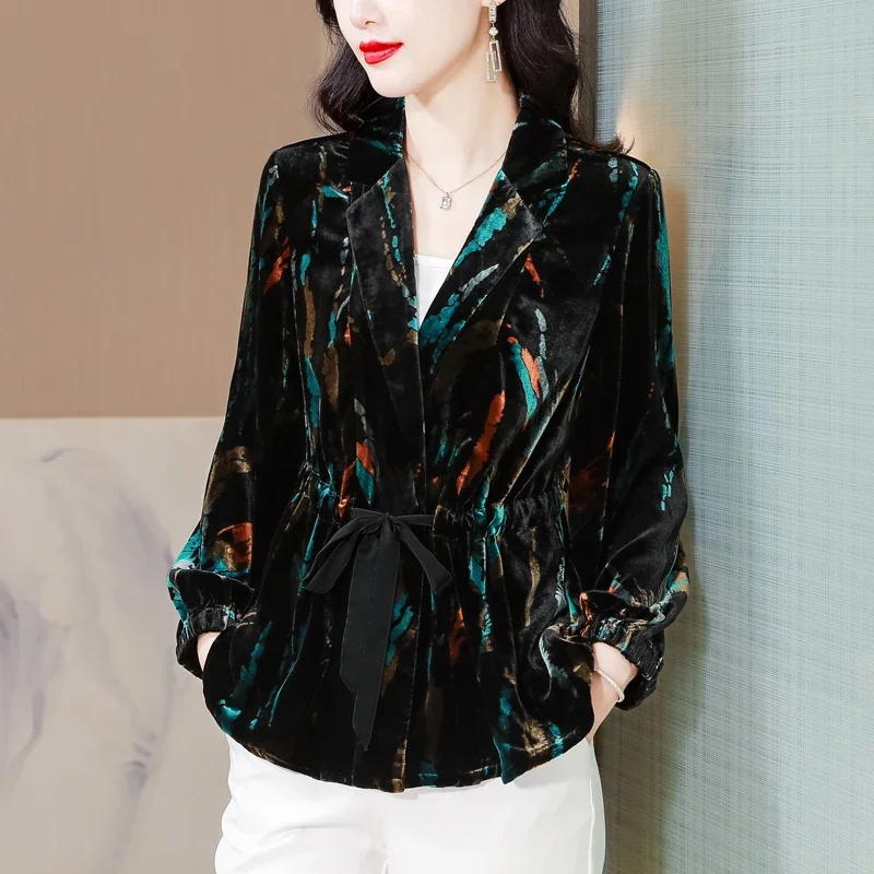 Light Luxury Velvet Women's Suit Jacket 2024 Spring and Autumn New Fashion Colorful Lace-up Blazer Coat Mulberry Silk Suit Top