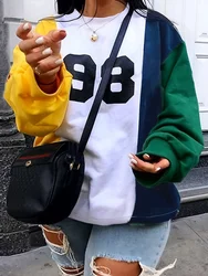 LW Street Dropped Shoulder Letter Print Patchwork Sweatshirt 2023 Fashion Round Neck  Autumn Winter Loose Hoodie Women Tops