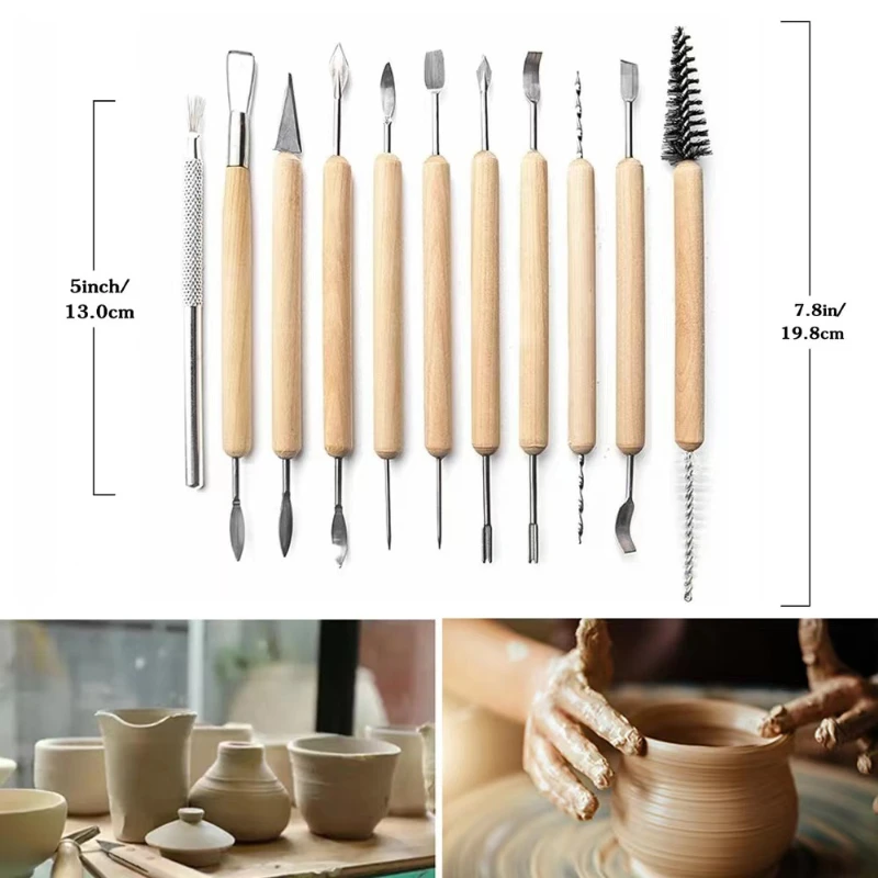 11pcs Pottery Tools Carving Knife/Scraper Carving Digging Drill for Pottery Clay Sculpture Carving Modeling Wire Texture Tool