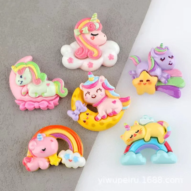 10Pcs New Cute Cartoon Rainbow Unicorn Series Flat Back Ornament Jewelry Bows Accessories Free Shipping