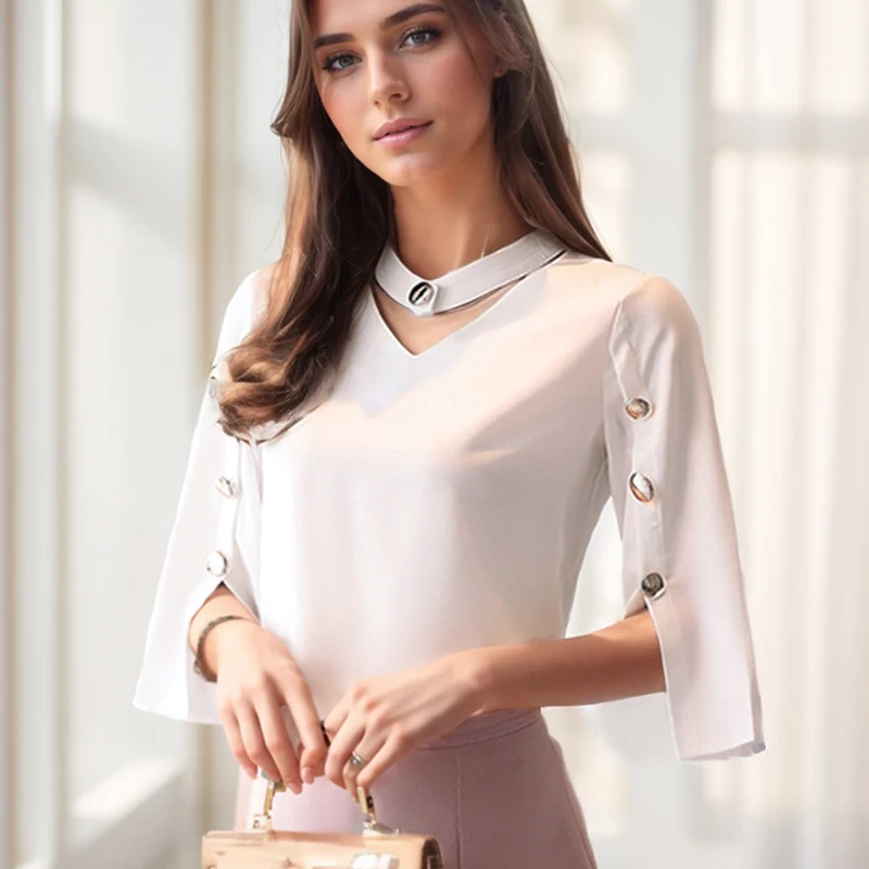 Summer Elegant White Women Blouse New Ladies Tops Casual Solid White Woman Clothes Three Quarter V-Neck 2994