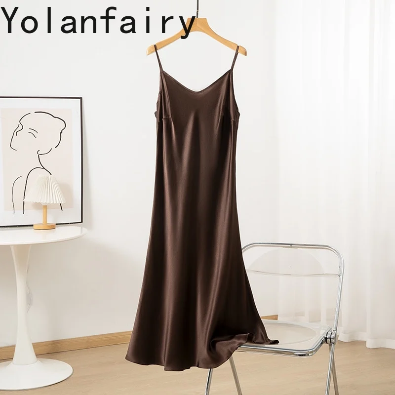 Yolanfairy 100% vestido de seda amoreira real verão crepe cetim vestido feminino ajustável halter senhoras vestidos cinta espaguete vestido