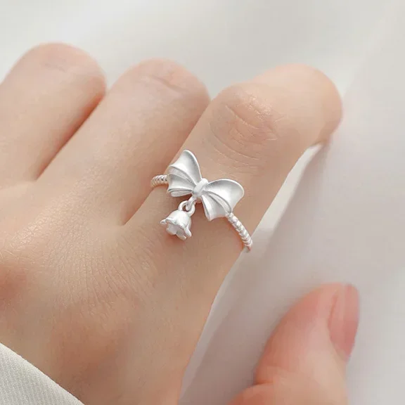 

Real 925 Sterling Silver Frosted Bowknot Flower Pendant Adjustable Rings for Women Cute Fine Jewelry Light Luxury Accessories