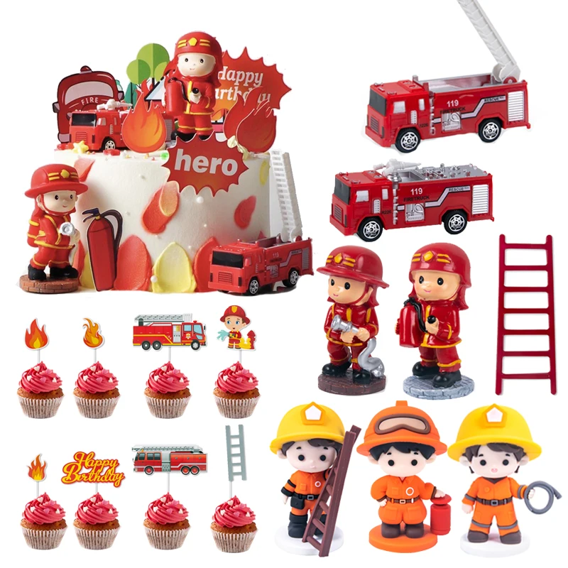 Fireman Ladder Fire Truck Water Tank Cake Topper Boys kids 1st One Year Birthday Party Firefighter Hero Theme cake decoration