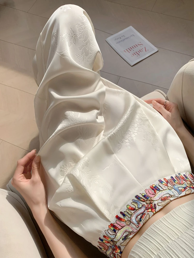 

New Jacquard Satin White Pants Women's Thin Embroidered High Waist Ice Silk Wide Leg Pants Floor Dragging Casual Pants